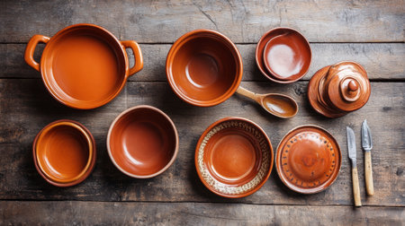 A flat lay of terracotta cookware, including a pot and a baking dish, arranged on a rustic wooden surface.の素材