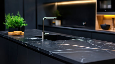 A black marble countertop with a white porcelain sink, showcasing a modern kitchen design.の素材