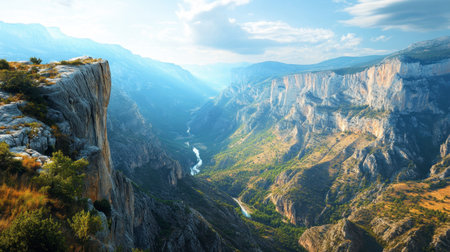 A dramatic cliffside view of a mountain range, with steep rock faces and a winding river cutting through the valley.の素材