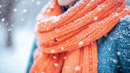 A cheerful orange scarf wrapped around a person neck, with a cozy winter outfit and snow-covered background.の素材