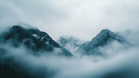 A dense fog rolling over a mountain range, with the peaks barely visible through the mist.の素材