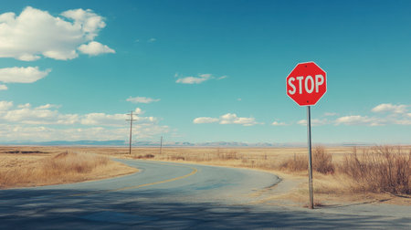 A bright red stop sign at a deserted intersection, with the empty road stretching out behind it.の素材