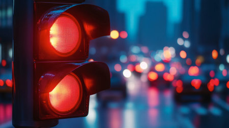 A close-up of traffic lights glowing red at a busy city intersection during the evening rush hour.の素材
