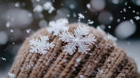 A close-up of snowflakes falling on a woolen glove, each flake intricate and unique against the soft fabric.の素材