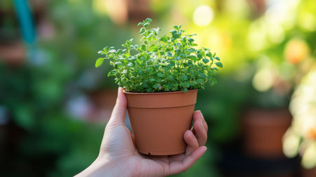 A hand gently holding a small terracotta pot, with fresh herbs growing inside, ready to be placed in a kitchen garden.の素材