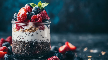 A close-up of a jar of overnight oats, layered with chia seeds, yogurt, and berries, ready for breakfast.の素材