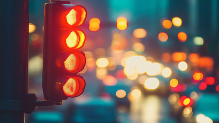 A close-up of traffic lights glowing red at a busy city intersection during the evening rush hour.の素材