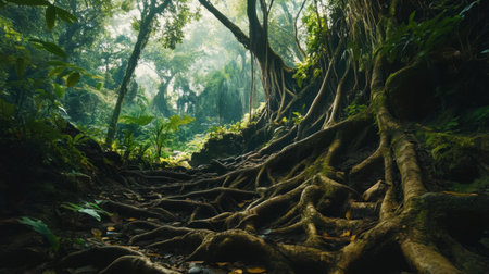 A dense jungle landscape with massive roots intertwining with the forest floor and vines cascading down from above.の素材