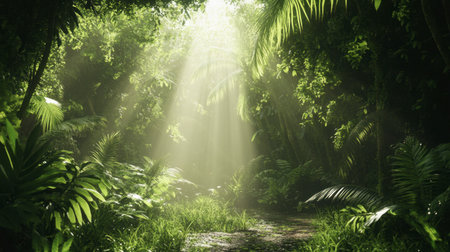 A hidden jungle clearing with soft sunlight filtering through, creating a peaceful, magical atmosphere.の素材