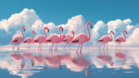 A group of flamingos wading in a shallow lagoon, with the water reflecting their pink feathers against a backdrop of blue sky.の素材