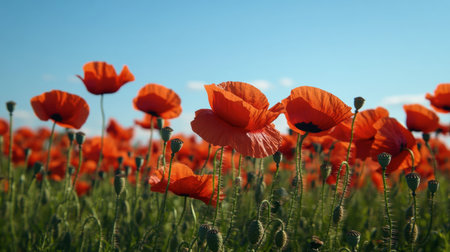 A field of red poppies in full bloom, swaying gently in the breeze under a clear blue sky.の素材
