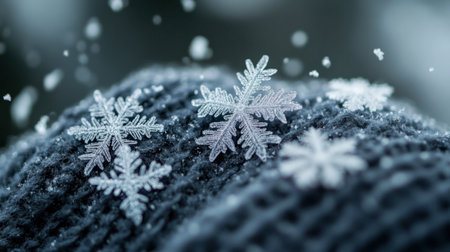 A close-up of snowflakes falling on a woolen glove, each flake intricate and unique against the soft fabric.の素材