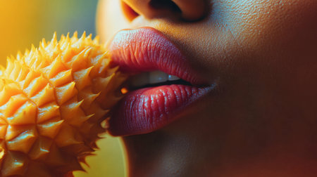 A close-up of a person mouth tasting an exotic fruit, with their lips puckered from the sour flavor.の素材