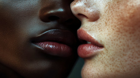 A close-up of lips whispering softly into someone ear, creating an intimate, secretive moment.の素材