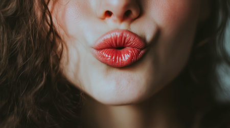 A close-up of a person blowing a kiss, with pursed lips and a playful expression.の素材