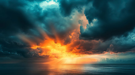 A dramatic sky at dawn with a burst of colors and rays of sunlight breaking through the dark, stormy clouds.の素材