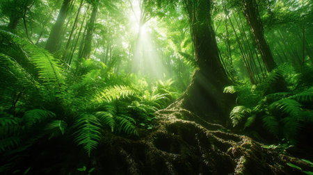 A jungle floor covered in lush ferns, moss, and roots, with sunlight barely reaching through the thick canopy above.の素材