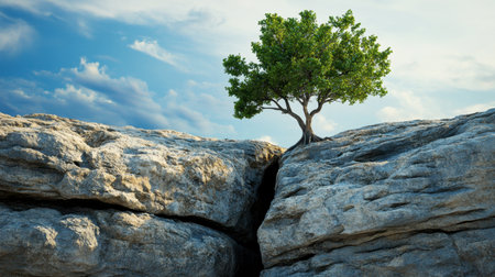 A lone tree growing out of a rock crevice, displaying resilience in a harsh environment.の素材