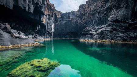A lagoon surrounded by towering volcanic cliffs, with the vibrant green water contrasting against the black rock formations.の素材