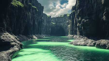 A lagoon surrounded by towering volcanic cliffs, with the vibrant green water contrasting against the black rock formations.の素材