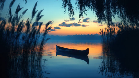 A lagoon at dusk, with a canoe drifting on the calm waters, surrounded by tall reeds and silhouetted trees.の素材