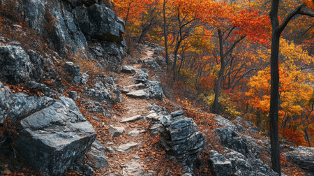 A mountain trail winding through a forest of autumn foliage, with vibrant orange and red leaves against rocky outcrops.の素材