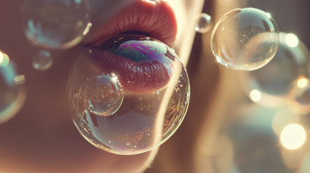 A mouth blowing soap bubbles, with the bubbles floating in the air and reflecting light.の素材