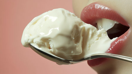 A mouth enjoying a spoonful of ice cream, with the creamy dessert melting slightly on the lips.の素材