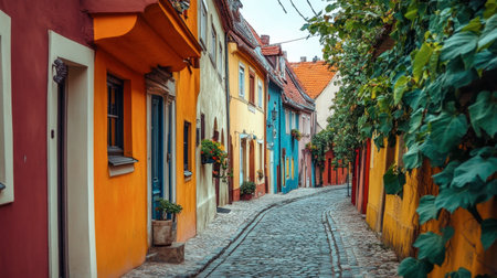 A narrow cobblestone road in a historic European town, with colorful houses lining the street.の素材