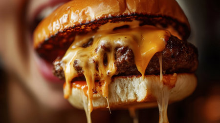 A person mouth enjoying a bite of a gourmet burger, with cheese and sauce dripping slightly.の素材