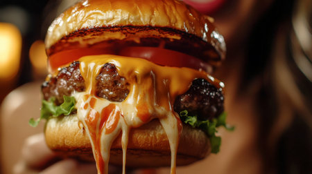 A person mouth enjoying a bite of a gourmet burger, with cheese and sauce dripping slightly.の素材