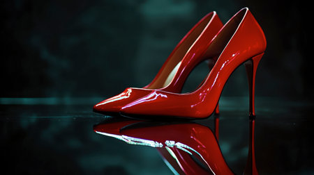 A pair of red high heels on a glossy black surface, reflecting the light dramatically.の素材