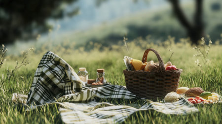 A picnic basket bag set on a grassy field, with a blanket and food items partially visible.の素材