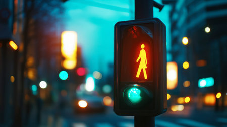 A pedestrian crossing button mounted next to a traffic light, with a person waiting to cross.の素材