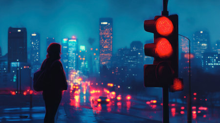 A pedestrian waiting at a traffic light, with the signal glowing red and the city skyline in the background.の素材