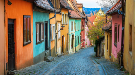 A narrow cobblestone road in a historic European town, with colorful houses lining the street.の素材