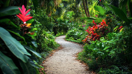 A narrow jungle path winding through thick foliage, with towering trees and colorful tropical flowers lining the way.の素材