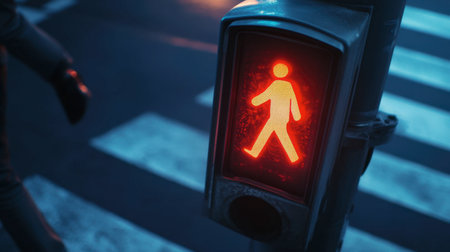 A pedestrian crossing button mounted next to a traffic light, with a person waiting to cross.の素材