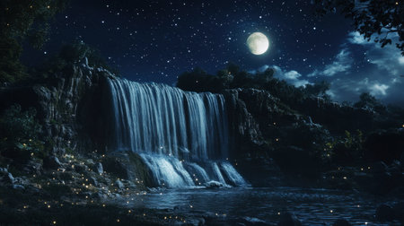 A nighttime shot of a waterfall, with the water illuminated by moonlight and stars sparkling above.の素材