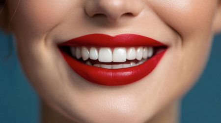 A person with red lipstick smiling, showcasing bold, vibrant lip color and perfect teeth.の素材