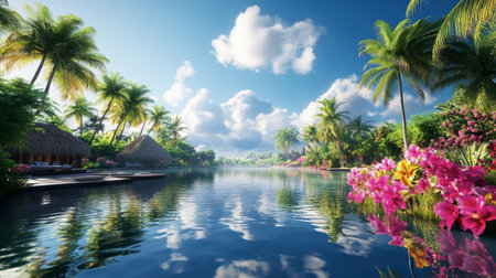 A picturesque lagoon reflecting the sky, with tropical flowers and palm trees lining its shores.の素材