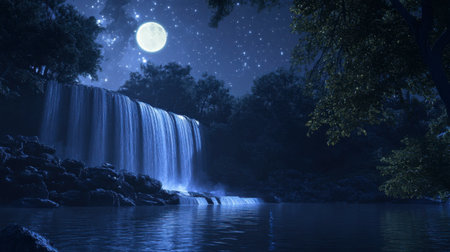 A nighttime shot of a waterfall, with the water illuminated by moonlight and stars sparkling above.の素材