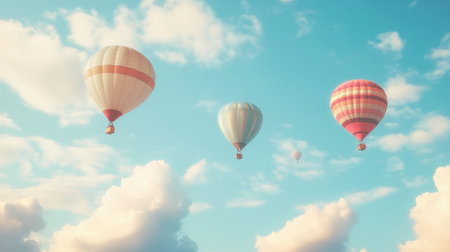 A picturesque sky with colorful hot air balloons floating gently against a backdrop of fluffy white clouds.の素材