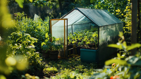 A plastic greenhouse in a lush garden, with plants growing inside, highlighting the use of plastic in agriculture.の素材