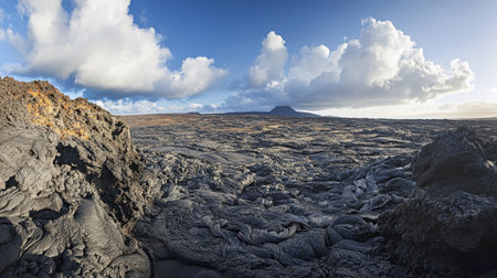 A panoramic view of a volcanic rock landscape, with lava flows and cinder cones shaping the terrain.の素材