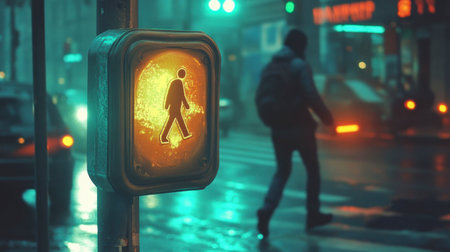 A pedestrian crossing button mounted next to a traffic light, with a person waiting to cross.の素材