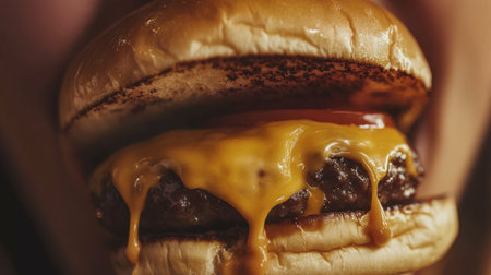 A person mouth enjoying a bite of a gourmet burger, with cheese and sauce dripping slightly.の素材