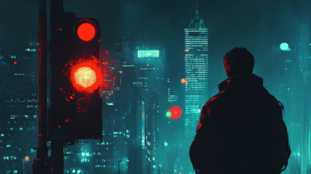 A pedestrian waiting at a traffic light, with the signal glowing red and the city skyline in the background.の素材
