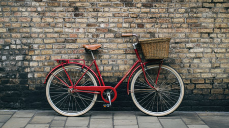 A red bicycle leaning against a brick wall, with an old basket attached to the handlebars.の素材