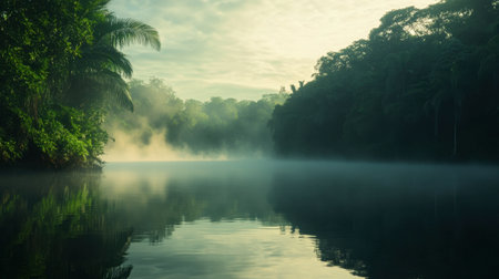 A peaceful lagoon in the early morning, with mist rising from the water and the surrounding jungle just waking up.の素材